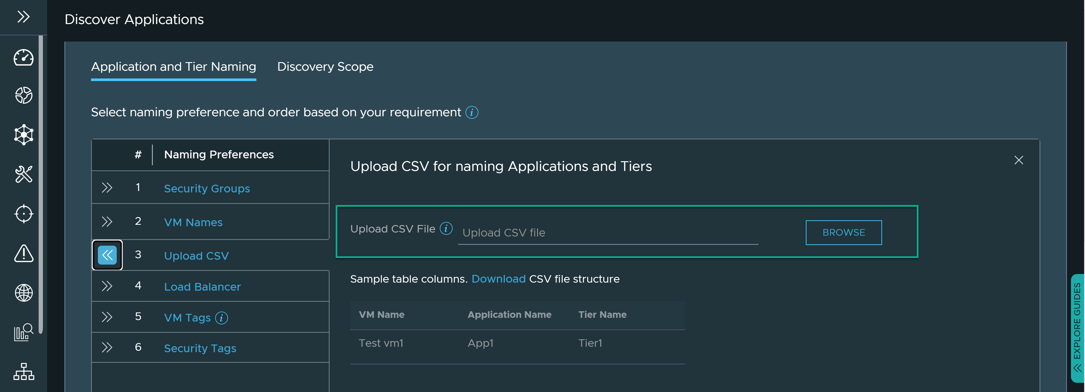 The user interface to upload a CSV file for naming applications and tiers.